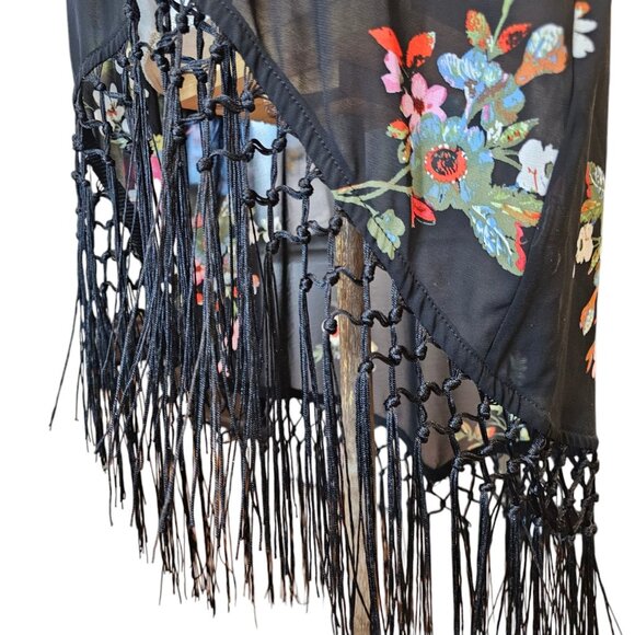 Kimono Kaftan Duster Sheer Floral Fringe Boho Whimsigoth XS S Black Wrap Shawl - Picture 4 of 12